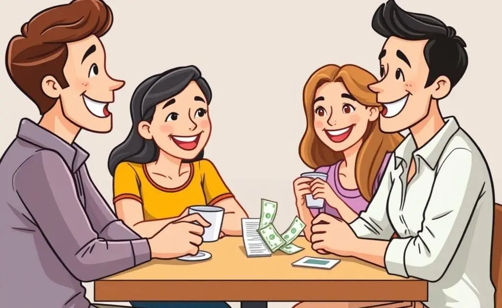 Mia smiling while enjoying a coffee with a small group of friends, discussing savings
