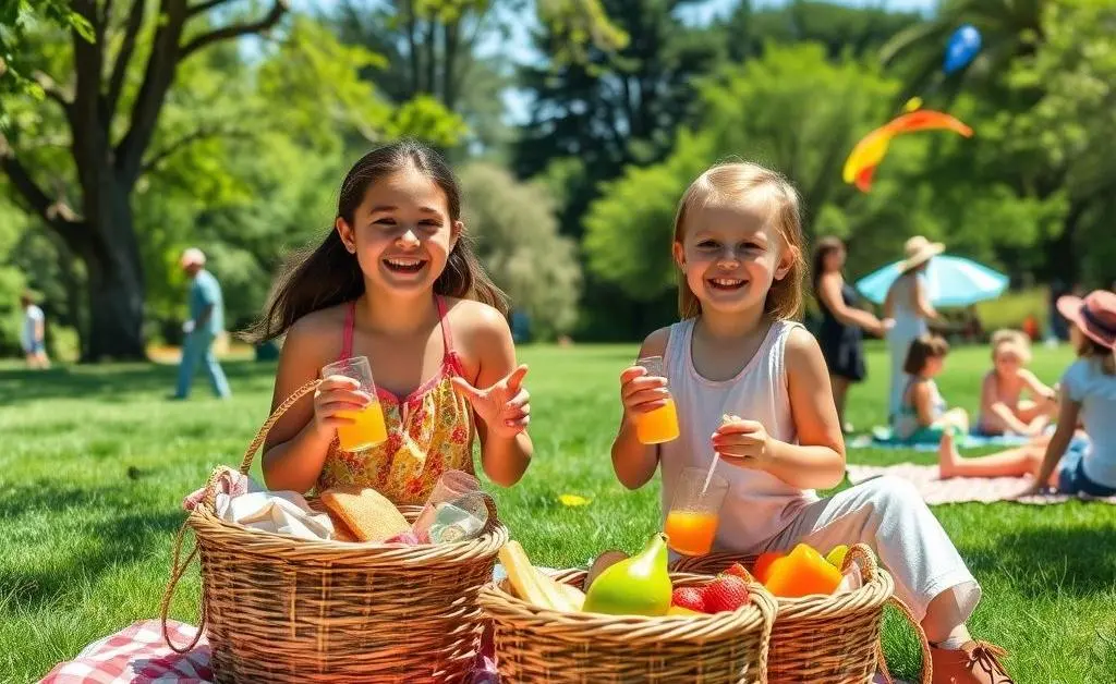 Mia and Sam happily packing a picnic, surrounded by budget-friendly outing ideas