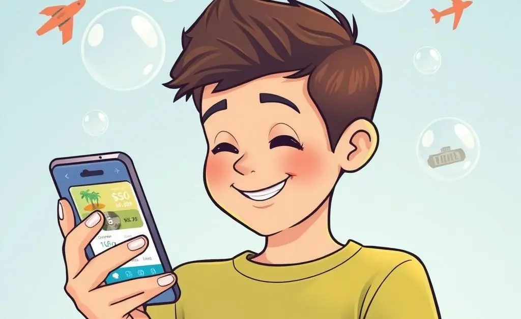 Max happily looking at his savings on a phone app, with future vacation dream bubbles in the background.