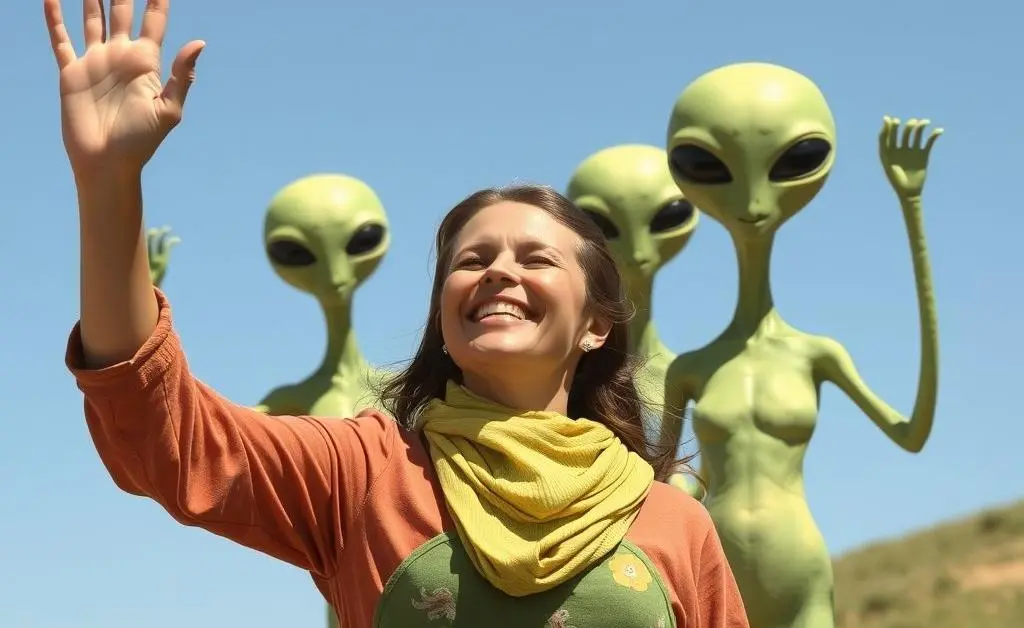 Woman waving goodbye to happy aliens