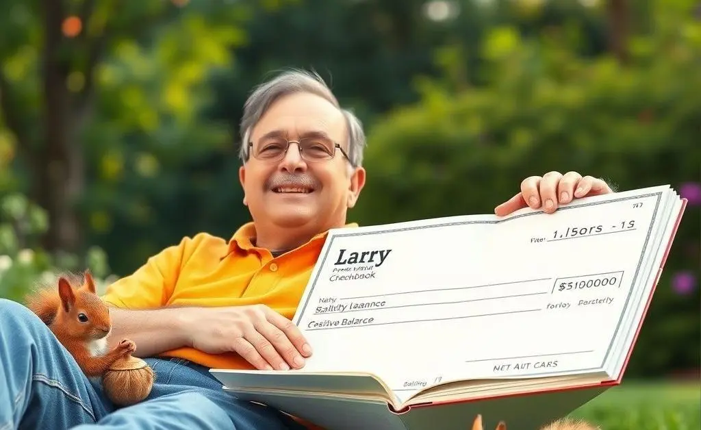 Larry at peace sitting by a balanced checkbook showing a positive balance, smiling at a squirrel saving nuts beside him