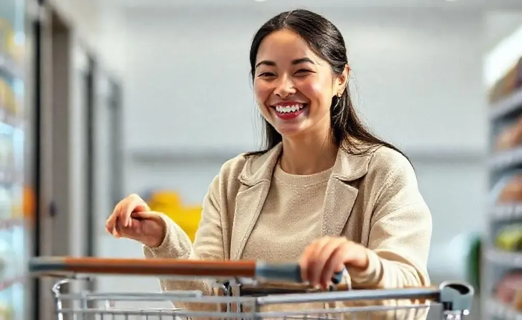 Mia with a clear shopping cart