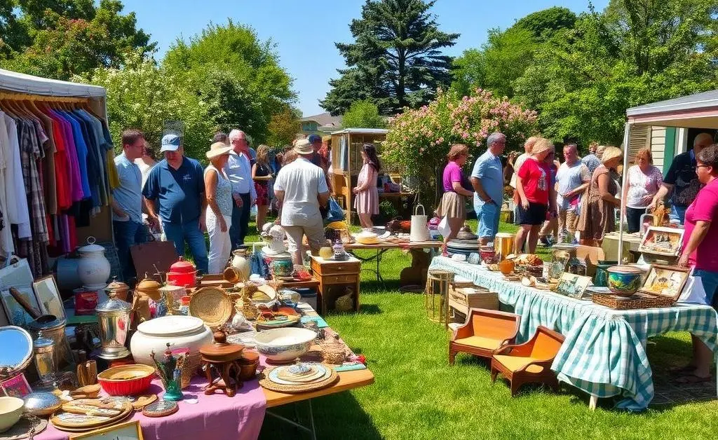 An outdoor yard sale scene with items tagged 