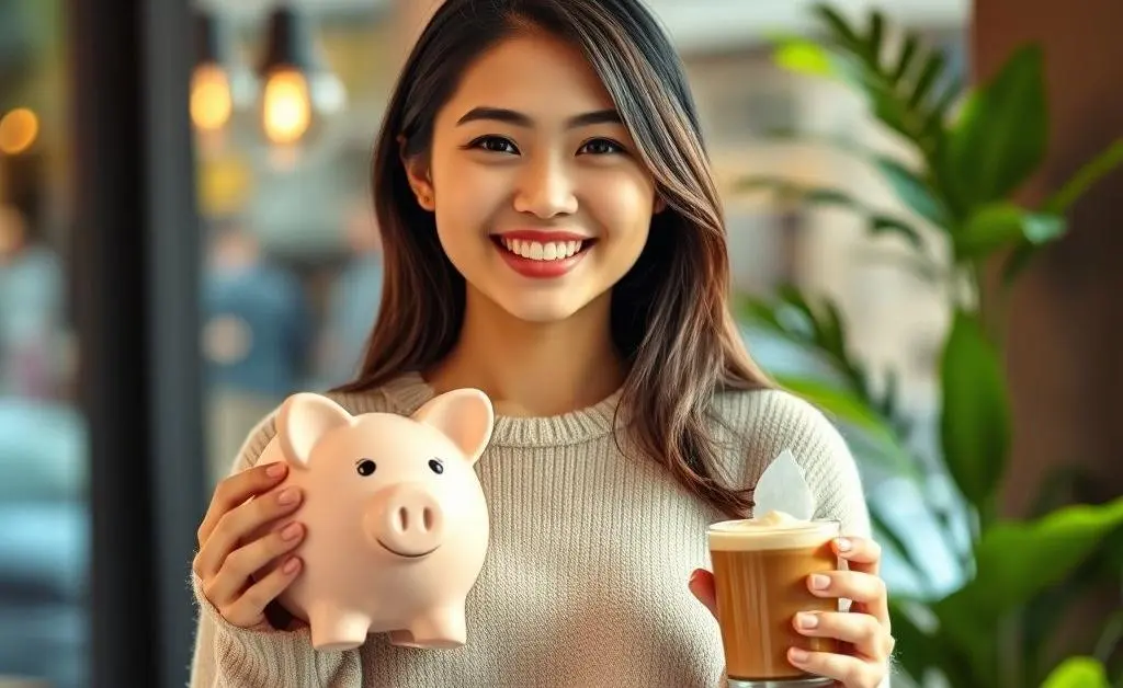 Mia smiling confidently, a piggy bank in one hand and a latte in the other