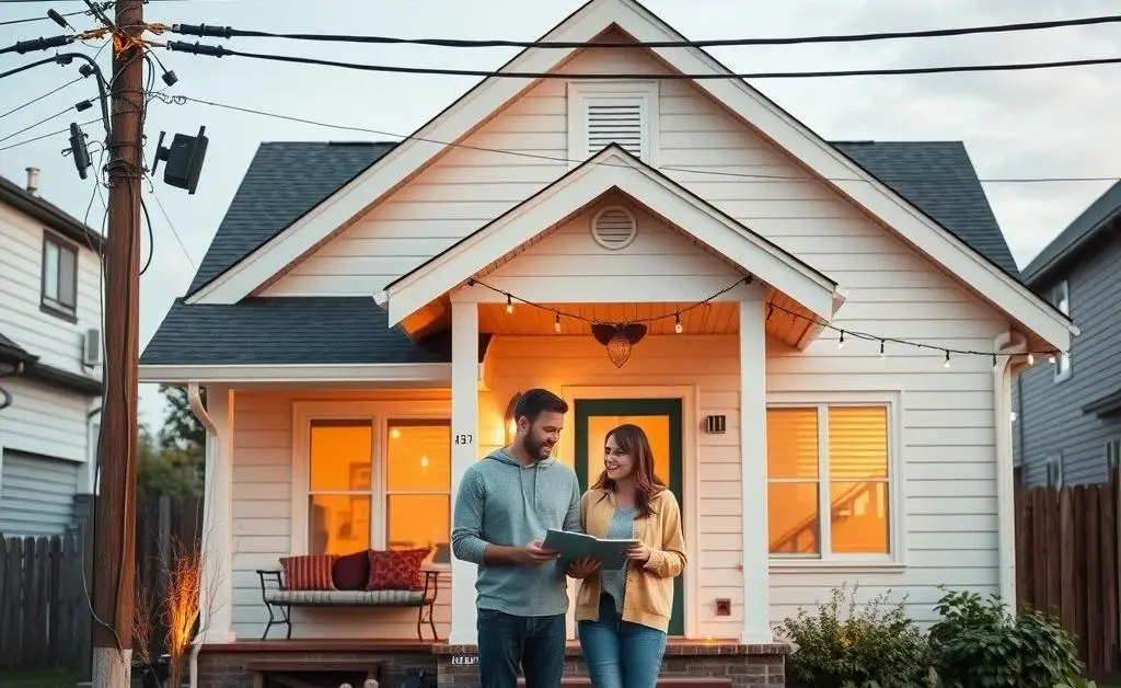 Couple moving into a home with power lines nearby but with personalized touches and cozy vibe