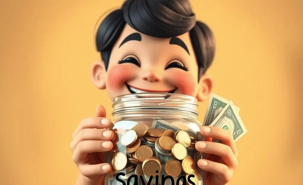 A character smiling with a jar labeled 'savings'