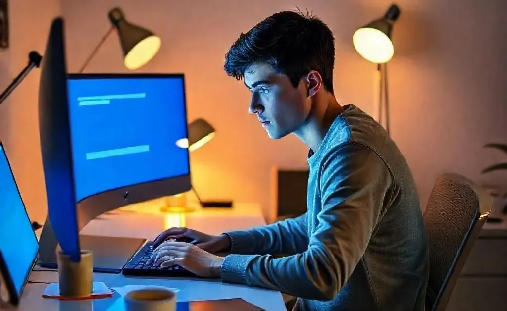 Alex sitting at a computer, seeking advice from a search engine.