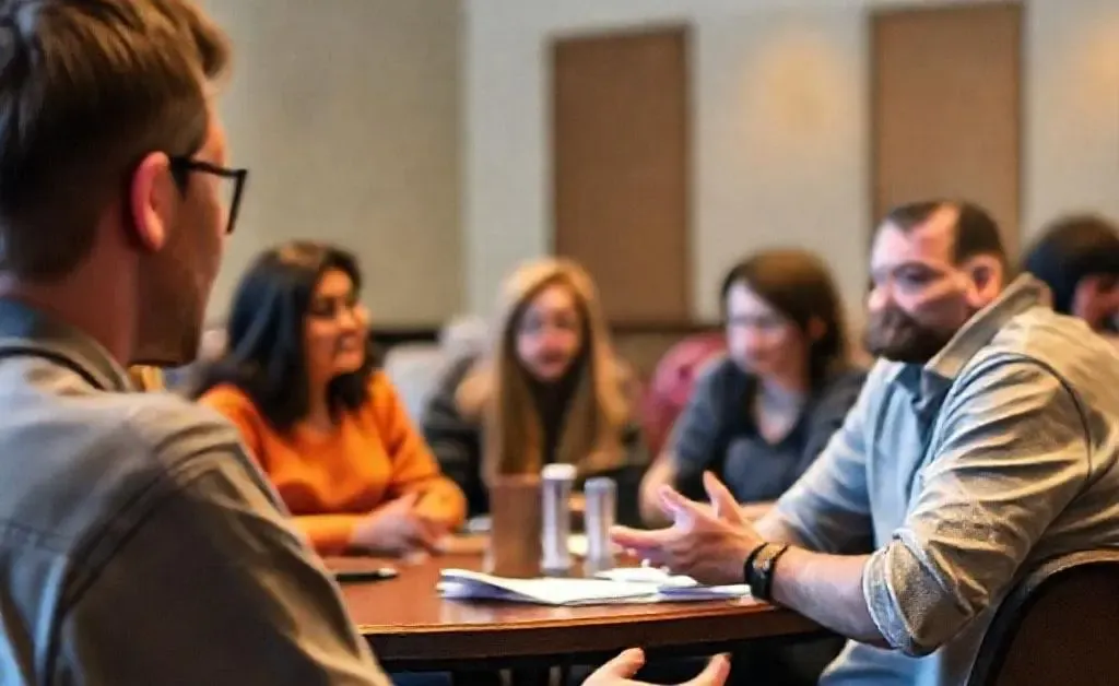 Alex joins a group meeting where fellow seekers share simplified insights.