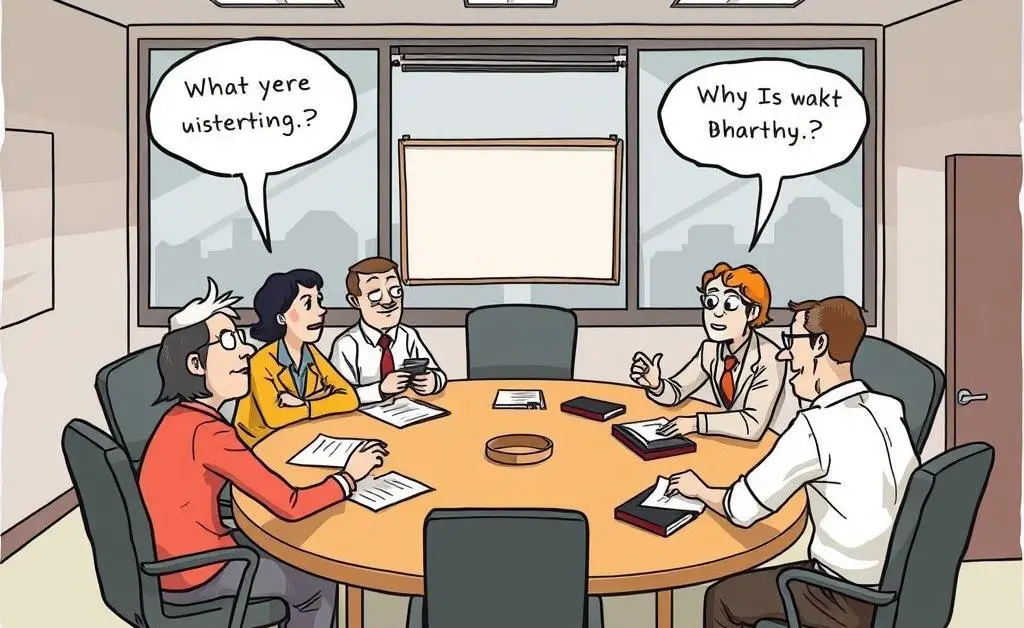 Cartoon of a chaotic office meeting with people misunderstanding each other
