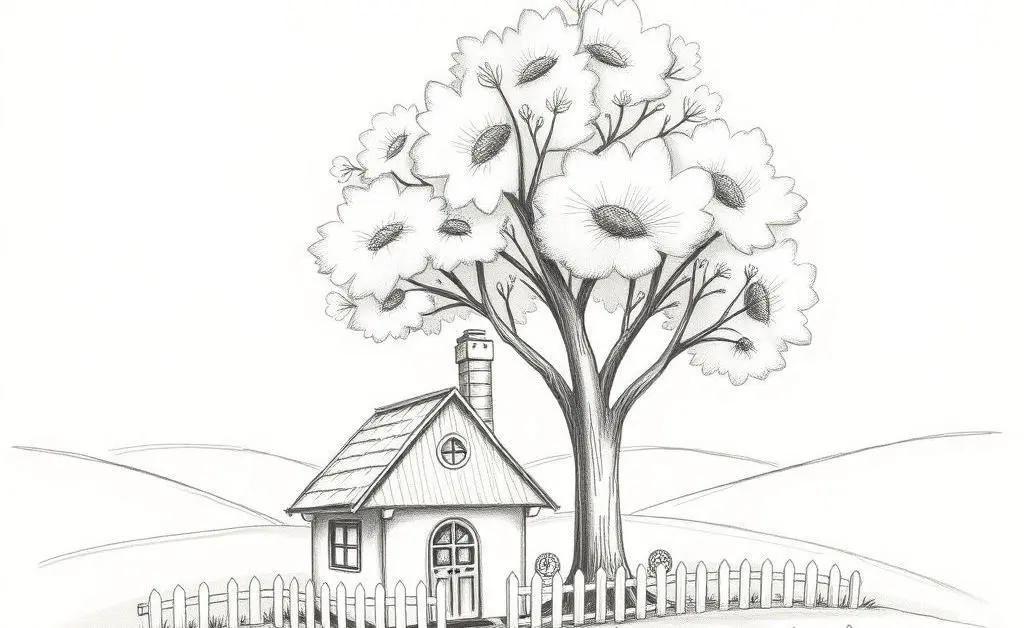 A hand-drawn style house with a tree and picket fence, symbolizing dreams and future financial goals.