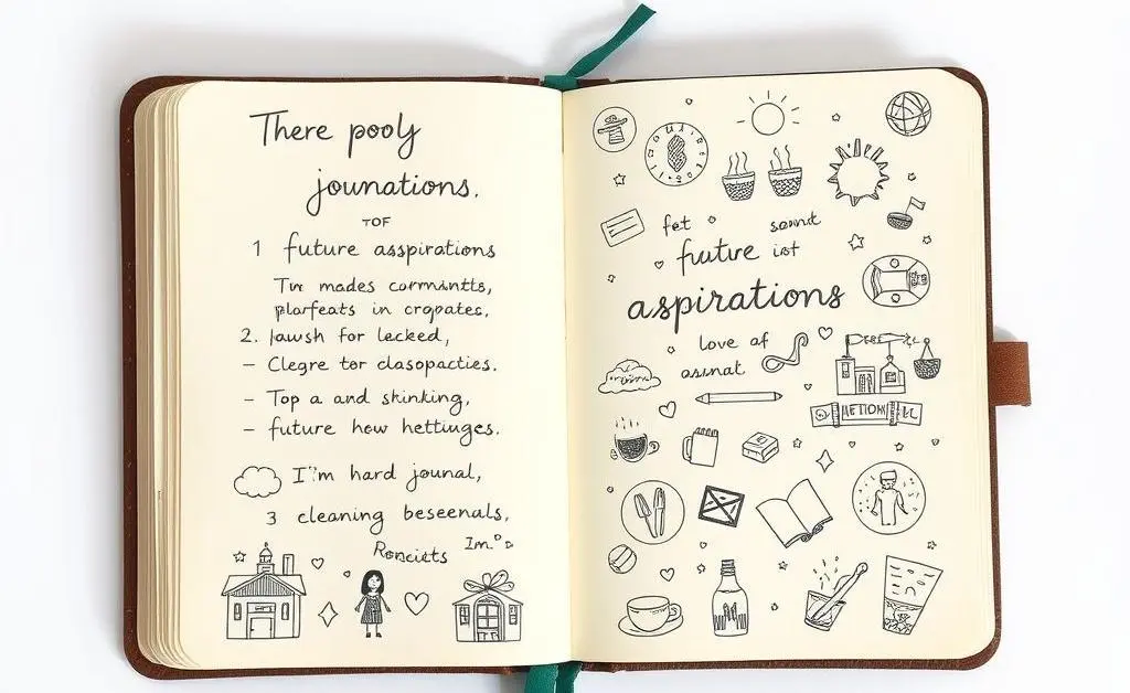 A hand-drawn journal open with notes and doodles of future aspirations.