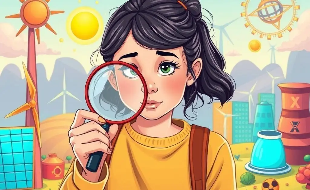A young woman with a magnifying glass examining future energy options, alongside cartoon-style futuristic energy sources.