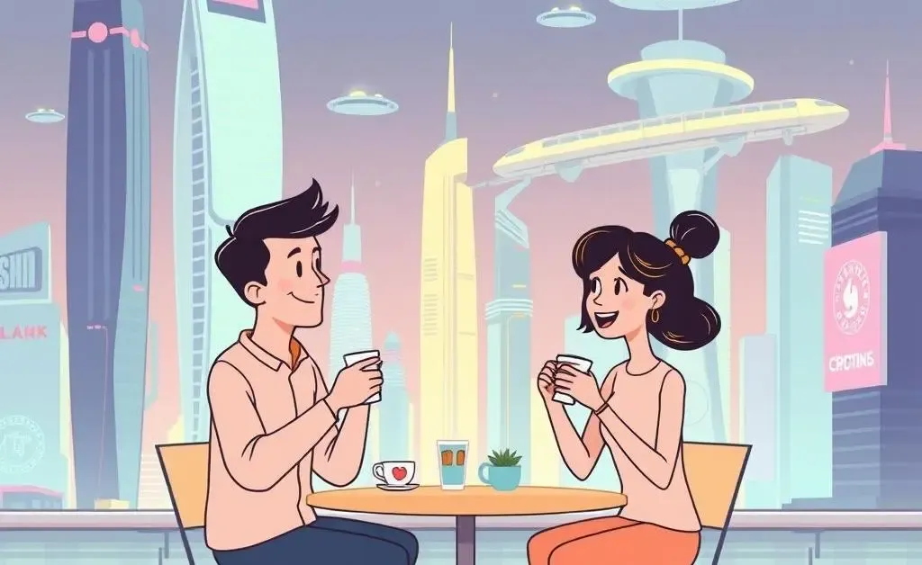 Minimalist cartoon of two friends discussing financial plans over coffee, with a futuristic city backdrop.