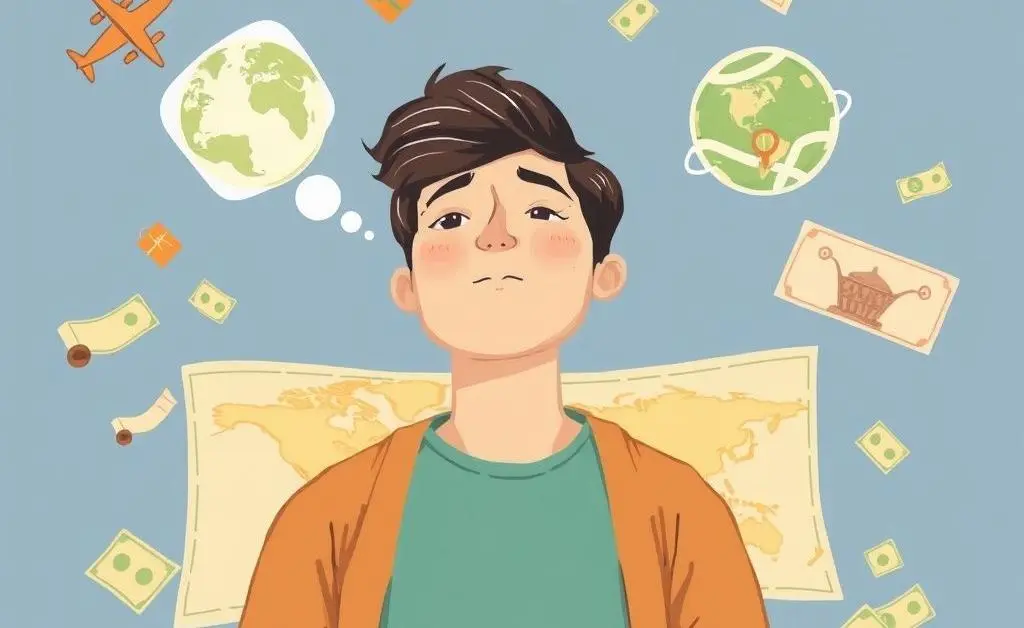 Illustration of a person dreaming about traveling and retirement.
