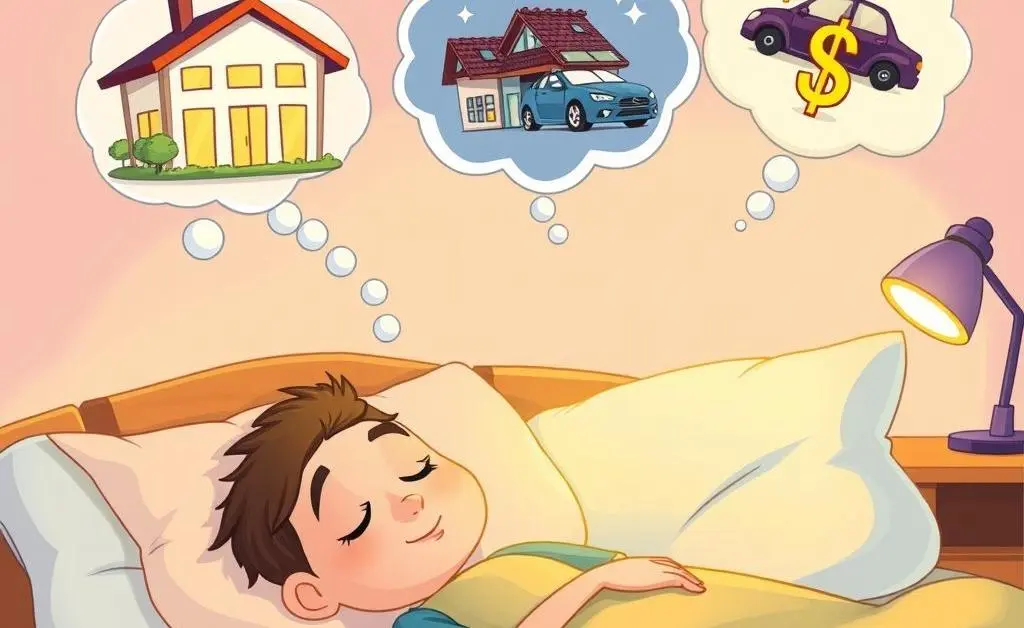A cartoon depicting a person dreaming about future financial goals like a house and a car.