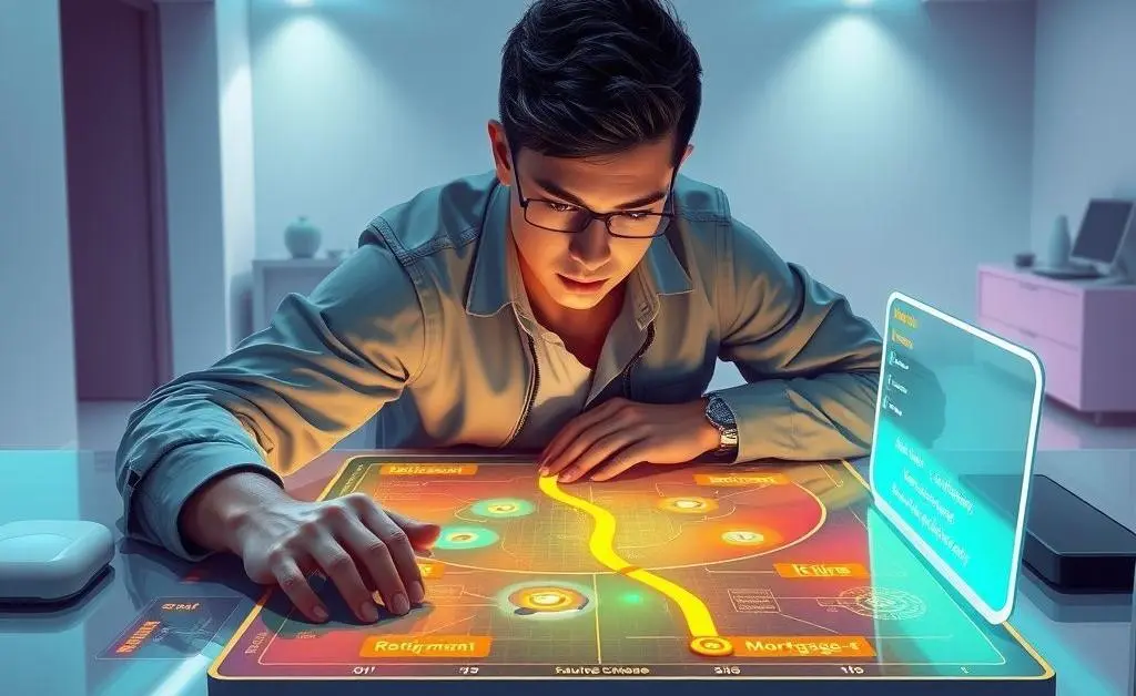Person looking at a future roadmap with milestones like 'retirement' and 'mortgage-free'.