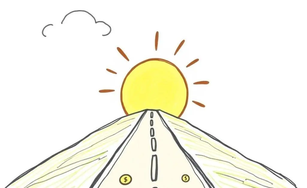 A hand-drawn roadmap leading to a sunny horizon with financial symbols like coins and graphs on the path.