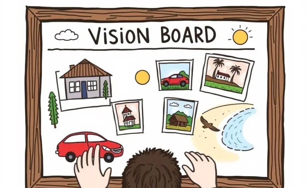 A whimsical drawing of someone looking at a vision board with pictures of a house, car, and vacation