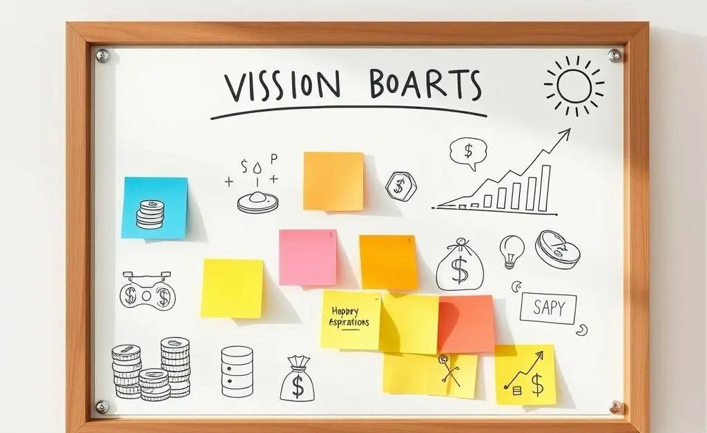 A simple vision board with sticky notes and drawings representing financial goals.