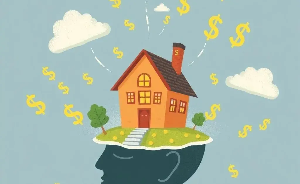 Dream house emerging from a person's thoughts surrounded by dollar signs