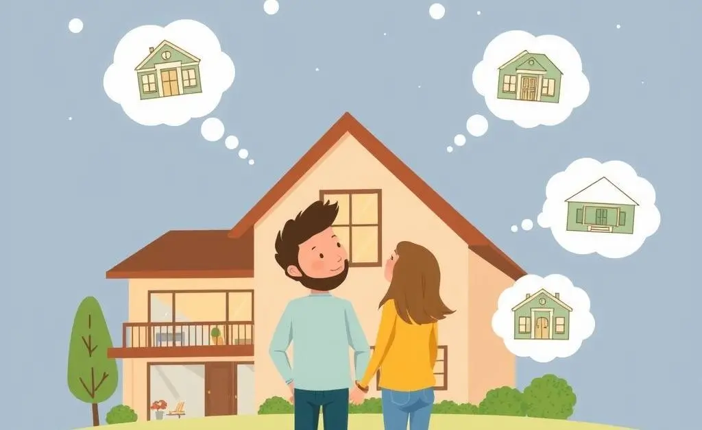 Thought bubble showing a dream family home complete with a garden, tree, and white picket fence.
