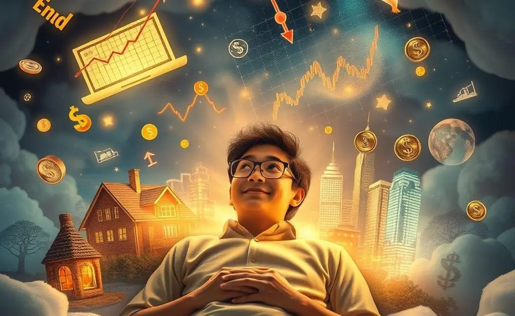 A whimsical representation of someone dreaming of diverse investment options, such as stocks, properties, and savings.