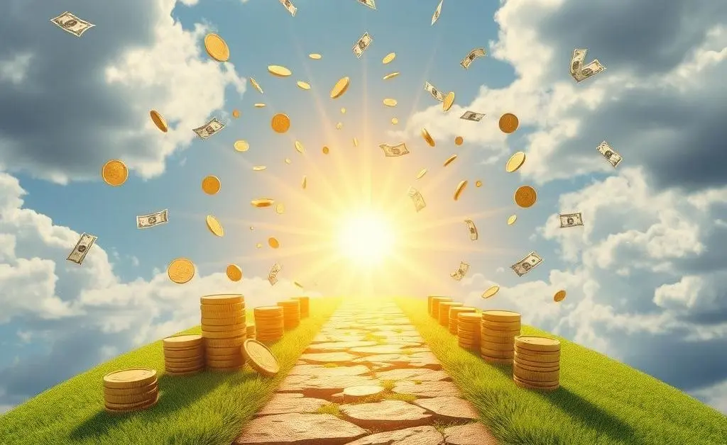 A path leading towards a bright future symbolized by bursting coins and dollar bills