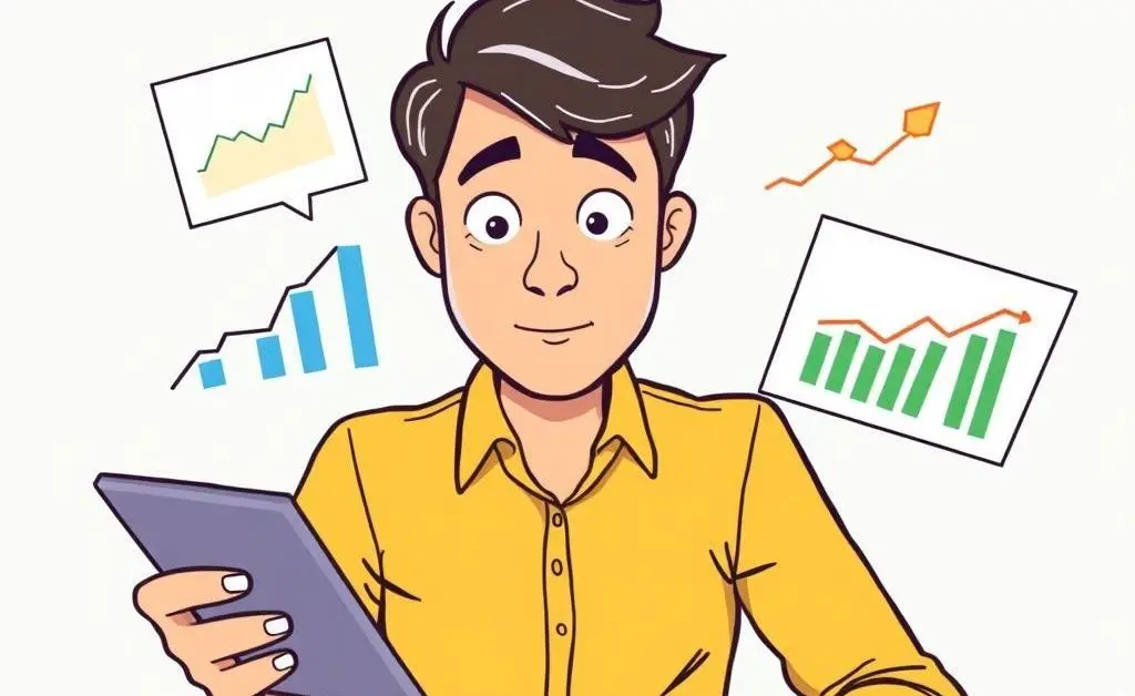 Cartoon-style drawing of a person planning future investments with graphs and calculators.