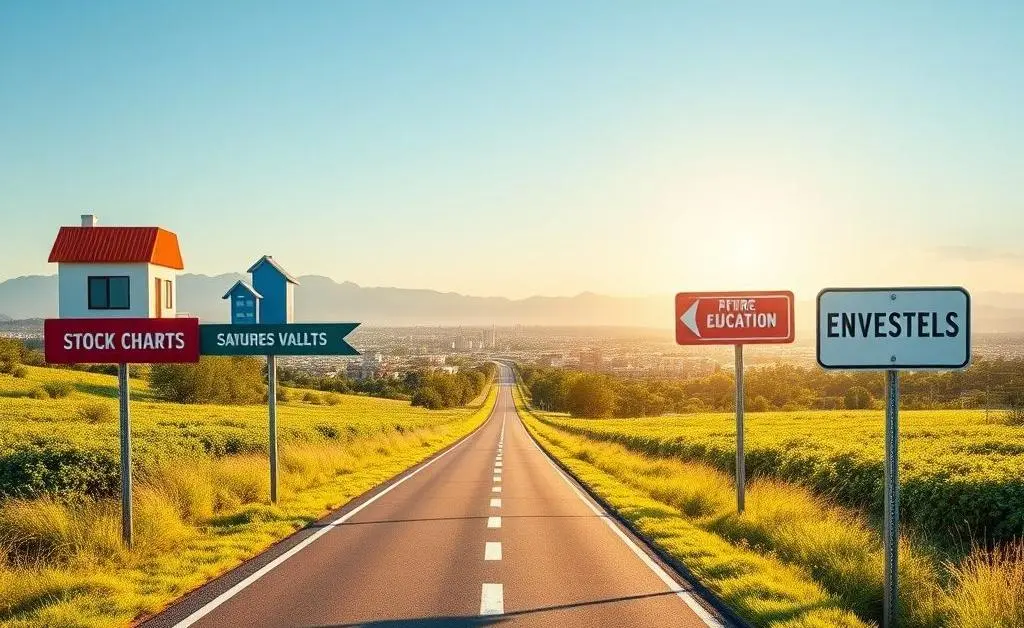 A road leading to various investment options depicted as road signs pointing to houses, stocks, savings, and education