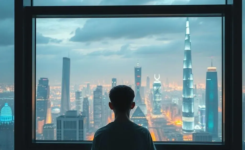 A person looking out of a window at a futuristic cityscape, pondering the future of AI technology.