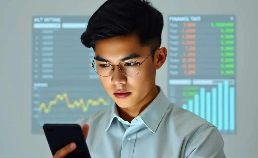 A minimalist image of a young professional looking at digital finance data on a screen.