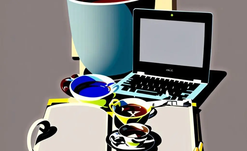 A person creating a future plan, with items like notebooks, a computer, and a cup of tea.