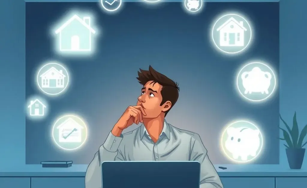 A person with a thoughtful expression surrounded by floating icons representing mortgage and investment options.