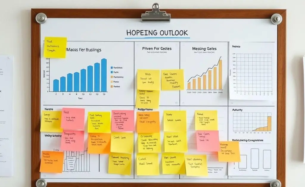 A business planning board with post-it notes, graphs, and a hopeful outlook.