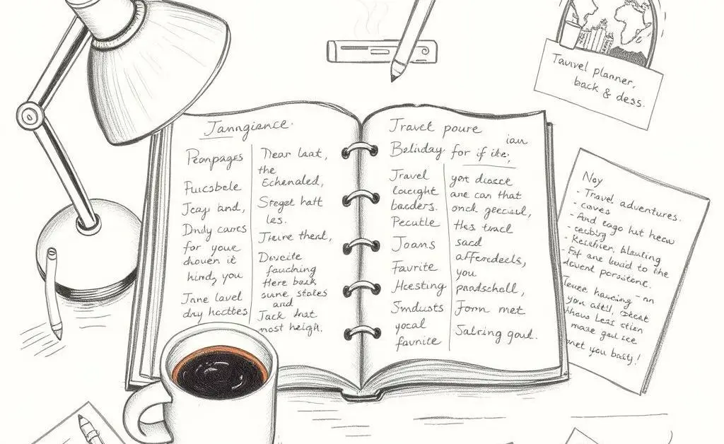 Desk with planner, coffee, and personal notes about travel and hobbies