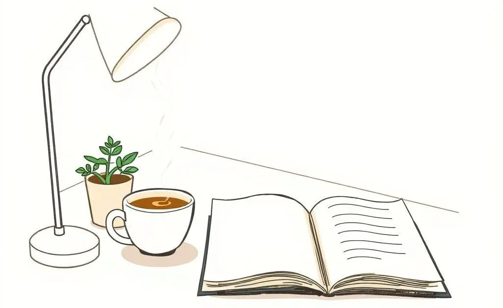 A minimalist drawing of a cozy desk with an open notebook, coffee, and a small plant