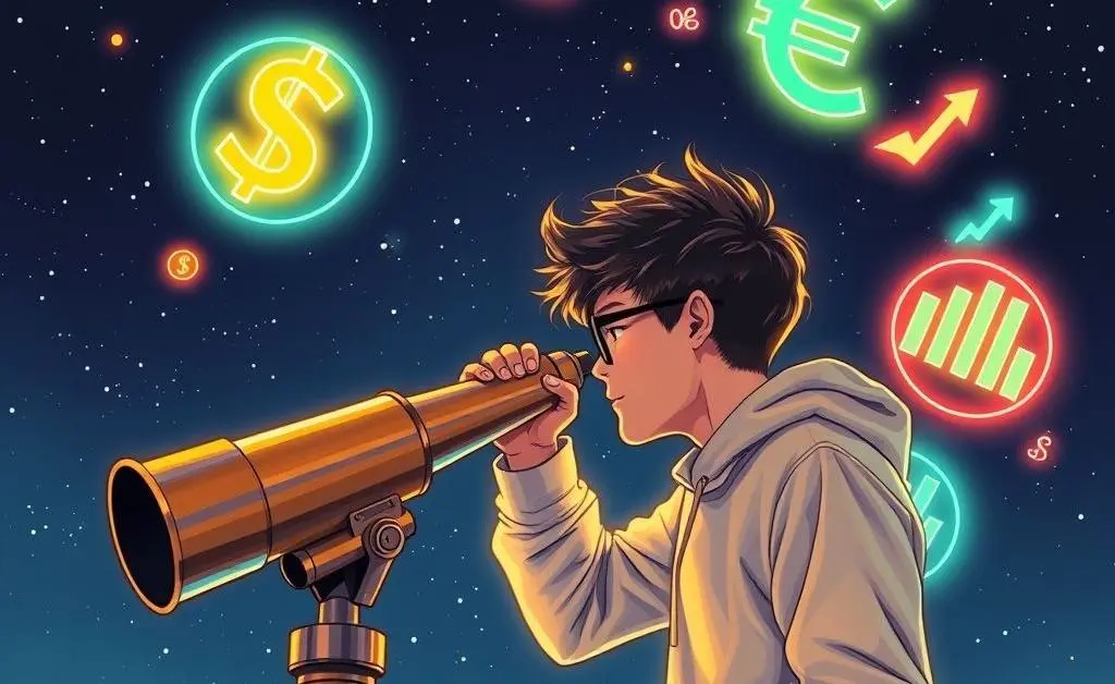 Person looking into a telescope with financial symbols around them