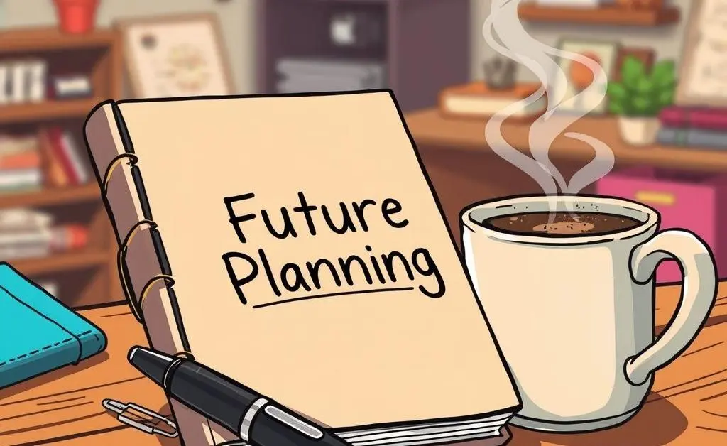 A journal titled 'Future Planning' on a desk with a pen and coffee cup.