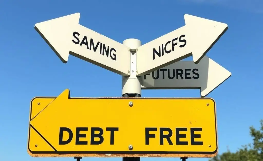 A road sign with arrows pointing towards different financial futures, including savings and debt-free.