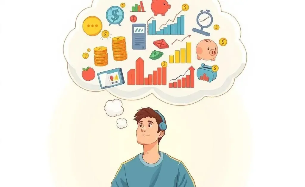 Illustration of a thought bubble above a person's head, filled with future savings strategies and growth icons.