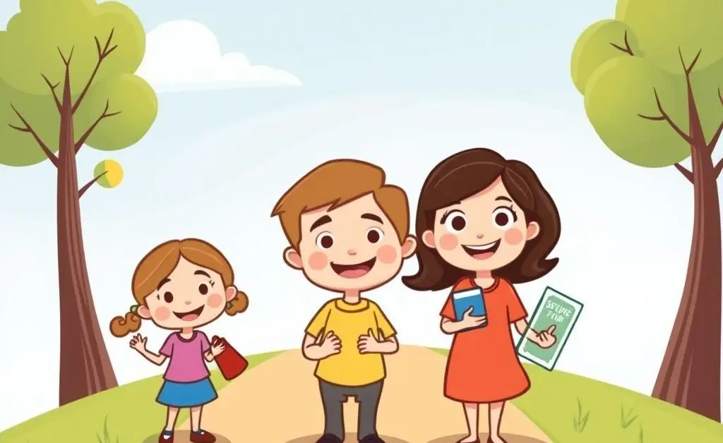 A cartoon family looking confidently at a path labeled 'Secure Future' with insurance items in hand.