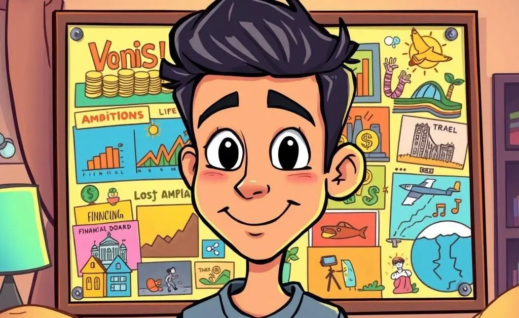 Cartoon-style image of a person looking at a vision board with financial goals and dreams.
