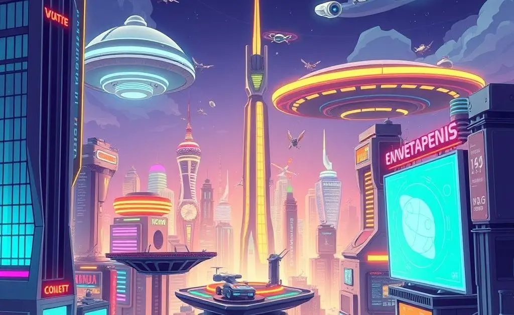 A futuristic cartoon cityscape showing space investment trends and high-tech elements.