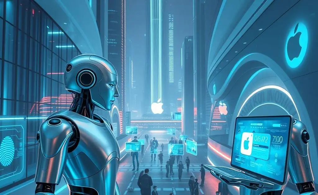 Futuristic vision of technology with an Apple theme, including robots and AI.