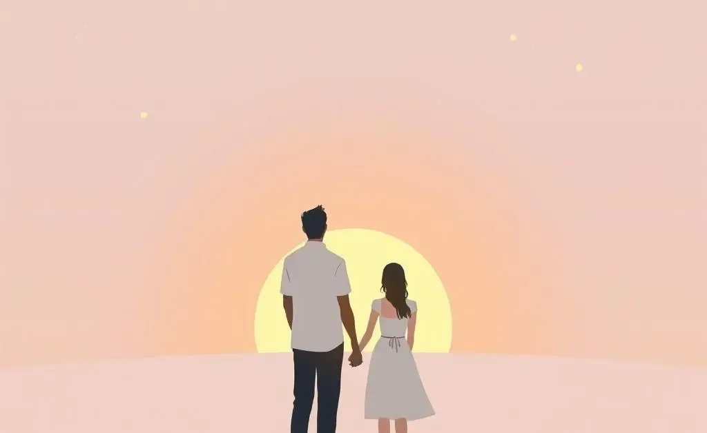 A couple holding hands and looking towards a bright horizon