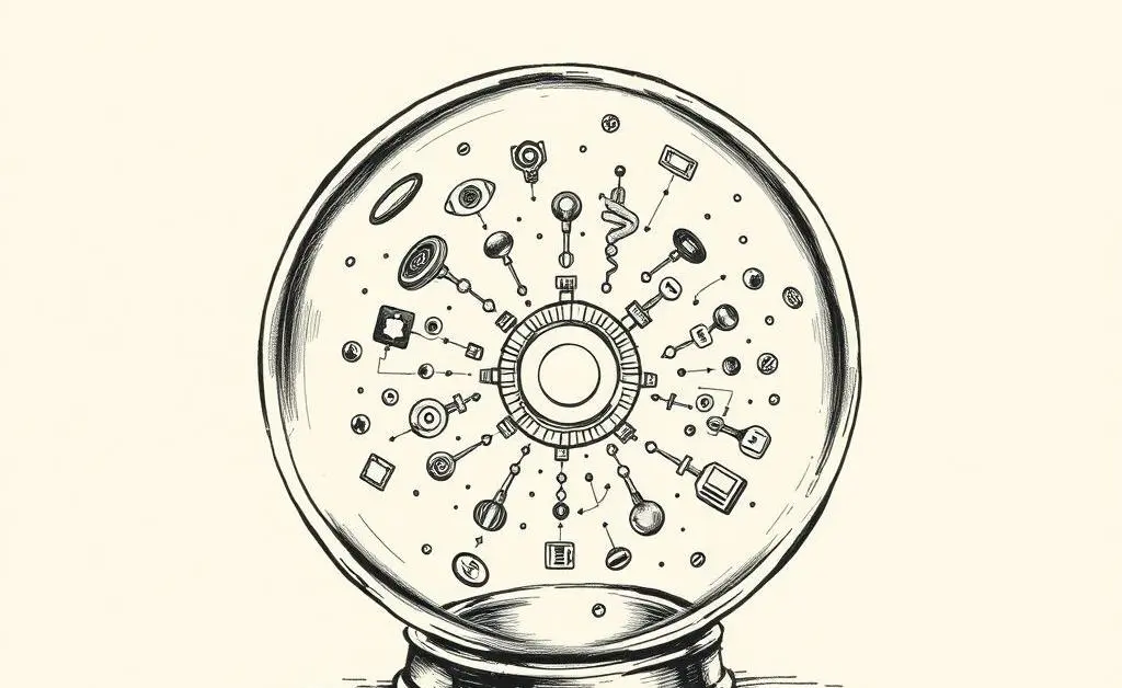 A crystal ball showing futuristic tech symbols