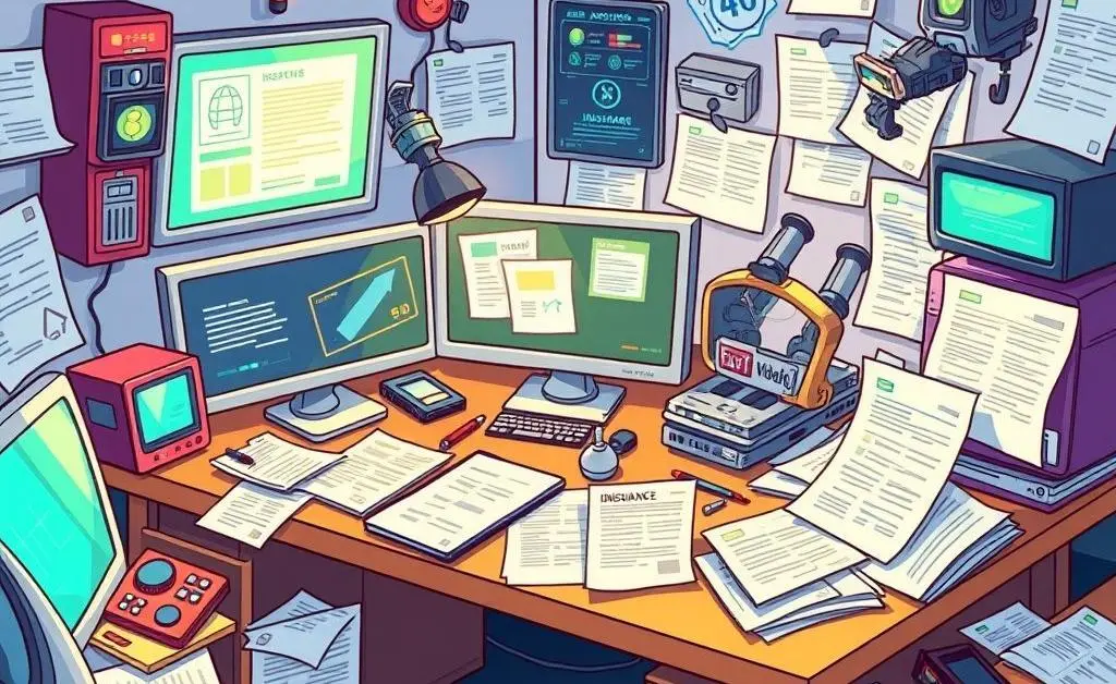 A desk with futuristic technology and insurance forms