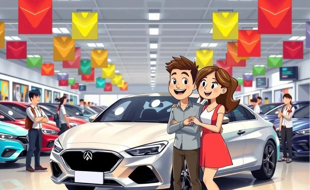A couple at a car dealership discussing a purchase