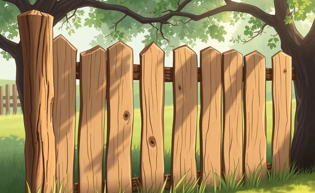 Illustration of a simple wooden fence with visible repairs being made, tools lying around.