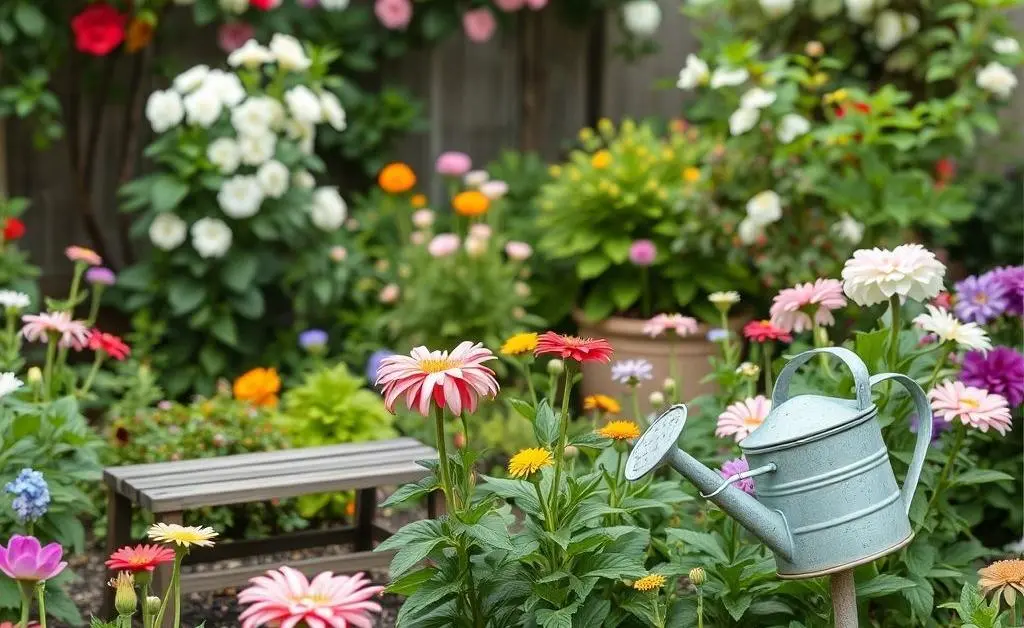 A peaceful garden scene with a hammock and flowers blooming, city skyline in the background